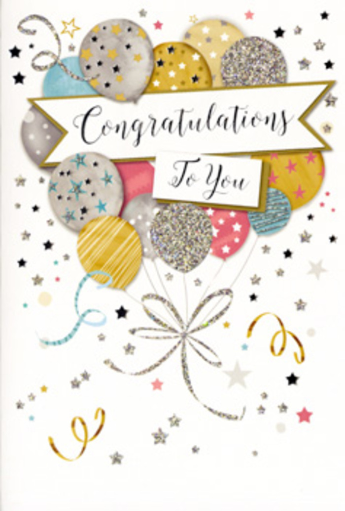 In this image, a beautifully designed congratulations card captures the essence of a celebration in Coulsdon without a single loud colour or sound. The focus is a generous bouquet of illustrated balloons, rising from the lower section of the card and fanning out toward the top. Their colours are soft and harmonious-warm gold, subtle silver, champagne, soft sky blue, blush pink, and light grey-blended in a way that feels both modern and timeless. Each balloon has its own decorative detail: fine glittery accents that twinkle, tiny star patterns scattered across the surface, or understated stripes that add structure. Gentle highlights and shadows give them a rounded, almost touchable appearance, as if they could sway slightly in a breeze coming through an open window in a Coulsdon home. From the balloons, narrow strings in metallic gold and silver sweep downwards, curling and crossing naturally before coming together in a neat tie, reminiscent of the ribbon work we use when finishing a hand-tied bouquet for local deliveries. Stretching across the middle of this floating arrangement is a soft, ribbon-like banner, its ends curling upwards. On it, the words Congratulations To You appear in flowing script, every loop and curve suggesting genuine admiration and joy. The background remains pale and uncluttered, dotted with small metallic stars, curling streamers, and delicate flecks of confetti, like the last traces of a party still hanging in the air over Coulsdon's quiet streets. The overall mood is bright yet gentle, ideal for marking milestones such as exam results, promotions, or personal achievements, and it pairs beautifully with the kind of refined floral arrangements chosen to celebrate life's special successes.