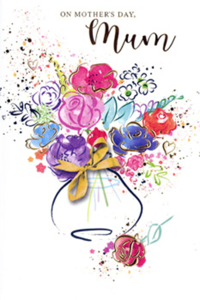 An artistic Mother's Day card displays a joyful floral arrangement painted in bold, sweeping watercolour strokes, echoing the relaxed elegance of bouquets crafted for families across Coulsdon. The bouquet itself is loosely defined yet unmistakably lush: generous dabs of hot pink, fuchsia, deep violet, and soft lavender tumble together, with occasional flashes of apricot and rose-gold tones peeking through. Each bloom is suggested rather than strictly outlined, but darker indigo lines curve around key petals and leaves, lending just enough structure for the eye to recognise full, open blossoms. Delicate streaks of metallic gold run along some of the petal edges and veins, catching the light with a gentle shimmer that brings to mind the glow of late-afternoon sun across a windowsill bouquet. These flowers gather in a compact, rounded mass at the top of a stylised vase, painted in translucent layers that blend blues, purples, and soft neutrals, hinting at reflections and shadows. A graceful golden bow is tied around the neck of the vase, its loops and ribbons curling with the kind of ease that comes only from a florist's experienced hands, like those at Flowers Coulsdon. Around this central bouquet, the white card is enlivened by whimsical paint splatters and scattered heart shapes that seem to float and dance, adding a sense of playful celebration, as if petals had been tossed in the air along Brighton Road after a surprise Mother's Day visit. The overall effect is one of heartfelt spontaneity matched with careful colour harmony, a painted bouquet that radiates love, gratitude, and the quiet promise of being cherished, perfectly suited to honouring a cherished mum.