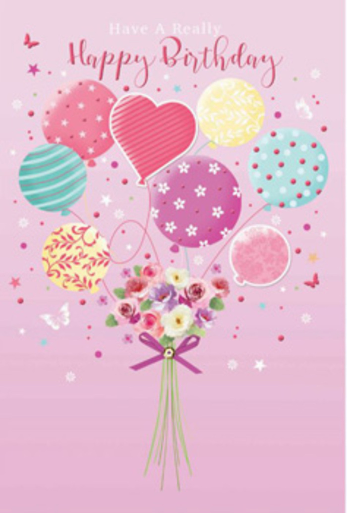 This illustrated birthday card scene feels like a gentle celebration unfolding above Coulsdon, where pastel balloons and a dainty bouquet combine in a beautifully balanced design. The background glows in soft pink, evoking the warmth of a cosy gathering at home near Woodcote Grove Road. Floating at the centre is a cluster of balloons in calming, joyful hues-pale rose, aqua green, buttery yellow, and lavender. Each balloon has its own personality: some are encircled with twisting candy stripes, others are dotted with playful polka spots, and a few display swirling patterns that suggest ribbons caught in a breeze. Among them, a heart-shaped balloon stands out, its form rounded and plush, glowing a little more intensely and echoing the love behind the birthday message. From this airy bouquet of balloons, fine strings descend and gather around a small hand-tied floral arrangement at the base. The bouquet is composed of petite roses and soft, daisy-like blossoms in creamy ivory, blush pink, and dusky mauve, their petals illustrated with a velvety texture that makes them feel freshly cut and full of life. Wisps of gentle greenery sit between the blooms, adding dimension without breaking the soft, romantic palette. A violet satin bow secures the stems, its folds flowing smoothly, giving the sense that it has been tied with care by an experienced florist. A tender, diffused light washes over the scene, like daylight streaming through a Coulsdon window, catching on the balloon surfaces to create a soft sheen and bringing a subtle glow to each petal. Tiny scattered stars and butterfly silhouettes hover around the balloons and flowers, lending a dreamy, almost storybook quality. The entire composition whispers of joy, thoughtfulness, and the kind of personalised detail that turns a simple birthday greeting into a treasured token.