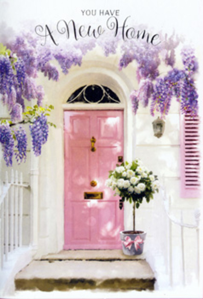 In this Coulsdon doorway, a delicate story of arrival and belonging is told through pastel tones and thoughtfully arranged blooms. The focal point is a soft pink front door, painted in a gentle, almost chalky blush that feels both modern and nostalgic at once. Its colour is echoed in the single shutter to one side, together sitting against clean whitewashed walls that reflect the mild daylight, brightening the entire entrance. Above, mature wisteria tumbles down in cascades of lavender and lilac, the twisted vines disappearing out of frame while their pendulous flower clusters drape in arcs and strands, casting dappled shadows over the door. Beneath this floral canopy, on a slightly weathered stone step, rests a simple metal bucket, painted in a subdued grey that provides a quiet counterpoint to the softer hues around it. The bucket overflows with lush white and creamy roses, each flower fully open, their petals layered and plush like satin cushions. Interwoven among the blooms are sprigs of fresh greenery-soft, rounded leaves and finer stems that add dimension and a splash of cool green to the composition. A pink ribbon, tied in an elegant bow around the bucket, introduces a small, deliberate touch of romance, connecting the roses visually back to the pink door and shutter. The scene feels like it could belong on a side street near Woodmansterne Road or close to the green slopes above Coulsdon, where houses catch the afternoon light and gardens flourish. The overall mood is one of readiness and promise, perfectly expressing the joy and gentle nerves that come with moving day-a quiet, fragrant way to say welcome home as you cross the threshold for the very first time.