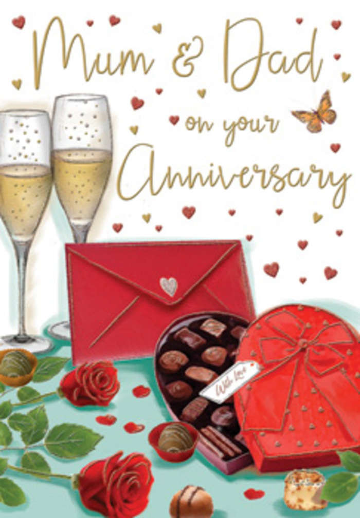 Romantic anniversary card illustration depicting an elegant, indulgent scene, reminiscent of a quiet celebration tucked away in a Coulsdon sitting room. The composition centres on two tall champagne flutes, their slender stems and clear bowls finely detailed. Each glass is filled with pale, sparkling champagne, the golden hue captured with soft highlights, while tiny bubbles rise in steady streams as if suspended in time before a heartfelt toast. Positioned in front is a classic heart-shaped box of chocolates, coloured in a deep, romantic red. The lid is slightly open, allowing a glimpse of carefully arranged truffles within-dark, shiny domes resting in neat rows, suggestive of rich flavours and slow, shared enjoyment. A generous satin bow, dyed in intense crimson, curls across the lid with graceful folds, lending a sense of luxury. Off to the side, two plush red roses with velvety petals and vivid green leaves lie on the table, like blooms hand-selected earlier that day from a florist in Coulsdon for their perfect colour and openness. A couple of loose chocolate pieces scattered nearby soften the formality and evoke the simple pleasure of tasting as you talk. A bright scarlet envelope, firmly sealed and positioned at the edge of the scene, hints at treasured words written inside, perhaps a note to Mum & Dad expressing gratitude and love. All around, floating hearts in crimson and warm gold punctuate the creamy background, intertwining with graceful lettering. The overall ambience is mellow and affectionate, inviting thoughts of lingering conversation, cherished memories, and the enduring glow of a well-lived partnership.