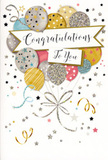 The congratulations card shown here feels like a soft, sparkling moment of joy captured on a single sheet, perfect to slip alongside a bouquet arriving at a door near Woodcote Grove Road in Coulsdon. In the centre, a cluster of balloons appears to float upward, overlapping in an airy, organic way that suggests they are gently tugging against their strings. The colour palette is intentionally elegant: muted golds and silvers, champagne tones, blush pink, cool grey, and a whisper of sky blue. Each balloon carries a different design-scattered stars, fine glittering dust, or slim, stylish stripes-giving the group a rich, layered texture that still feels light. Highlights and soft shadows create a sense of volume, as if the balloons are real and just beginning to drift toward a ceiling. Their strings, drawn as fine metallic lines in gold and silver, trail downward in loose curves and then gather into a simple, graceful knot, much like the finishing touch on a florist's bow. Gently resting across the middle of the arrangement is a banner, shaded to resemble a ribbon caught in motion. On it, the message Congratulations To You is written in elegant calligraphy, each letter smooth and flowing, communicating pride, affection, and heartfelt recognition. The background is pale and luminous, scattered with miniature stars, curling ribbons, and specks of confetti that seem to be suspended in the air, evoking the feeling of a quiet celebration still lingering after guests have gone home in Coulsdon. Altogether, the design radiates warmth and understated glamour, ideal for recognising meaningful achievements while keeping the tone kind, thoughtful, and beautifully composed.