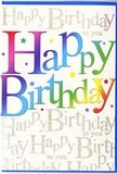 Resting as though just placed beside a fresh bouquet on a dining table in Coulsdon, this birthday card radiates easy, joyful celebration. The main focus is the prominent Happy Birthday greeting, set in big, approachable letters, each one a different tone in a seamless rainbow. The colours travel from bold red and rosy pink through vibrant orange and soft gold into greens, teals, and blues, with hints of deeper violet at the edges. These tones blend gently into each other, creating a smooth gradient that feels like a wash of colour across the card, similar to the way petals shift in shade within a mixed birthday arrangement. Behind this colourful statement, the background is fully cloaked in flowing gold cursive that repeats the note Happy Birthday to you. The writing is fine and elegant, sparkling with subtle glitter that catches the light like afternoon sun filtering over houses on Chipstead Valley Road. This repeating script forms a decorative pattern that gives the design depth and softness, keeping the overall look from feeling flat. Scattered lightly within the gold script are tiny star-like specks and flecks of colour, evoking the sense of confetti drifting down after a toast. The card stock appears sturdy and smooth with a gentle gloss, helping the rainbow letters stand out crisply against the warm, metallic backdrop. The feeling is one of cheerful sophistication-bright but not brash, polished yet heartfelt. It is exactly the sort of birthday card that would complement a hand-delivered floral gift in Coulsdon, offering not just words but a vivid, visual celebration of the day.