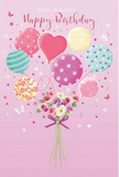 This birthday card artwork evokes the feeling of a light, happy day in Coulsdon, where pastel balloons and a petite bouquet seem to float together in a moment of celebration. The scene rests on a backdrop of gentle pink, soft as evening light over the rooftops near Brighton Road. At the centre, an airy cluster of balloons rises, painted in a palette of blush, seafoam, lemon, and lavender. Each balloon is adorned with its own design: candy-striped ribbons that wrap around the curves, bouncing polka dots that look as if they might shift with the breeze, and graceful swirls that suggest curling party streamers. Nestled within is a heart-shaped balloon, its smooth surface catching the light in a way that makes it appear slightly more radiant, like the pure affection behind the birthday wish. Tethered to these cheerful shapes is a hand-tied bouquet at the base, composed of roses and anemone-like blooms in creamy ivory, pale pink, and soft mauve. The petals are depicted as gently ruffled and velvety, as though the flowers have just been arranged for a local delivery across Coulsdon. Subtle touches of greenery weave through the blossoms, adding structure and contrast while preserving the pastel softness. A neatly tied purple satin bow gathers the stems together, its lustrous texture providing a delicate highlight. The illustration is bathed in a tender, diffused glow, making the balloons appear lightly reflective and the flowers softly luminous. Tiny stars and butterfly accents drift around the arrangement, giving the composition a magical, storybook atmosphere, as if a birthday wish has taken shape in the air. Crafted with the keen eye of a florist, every colour, curve, and detail works together to convey warmth, joy, and the quiet excitement of a special day being celebrated in Coulsdon.