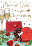 Detailed anniversary card design evoking an atmosphere of cosy elegance, as though capturing a special evening shared in Coulsdon. In the centre, two slender champagne flutes stand side by side, their clear glass reflecting a gentle, warm light. The flutes are filled with pale golden champagne, with fine bubbles rising in delicate streams, suggesting the moment just before a loving toast. In the foreground, a deep red, heart-shaped box of chocolates draws the eye. Its lid is opened slightly, revealing a curated selection of glossy truffles nestled in dark compartments, each one smooth and perfectly shaped. A wide crimson ribbon, tied into a sumptuous bow, drapes across the lid, its satin sheen echoing the richness of the chocolates inside. To one side, two vivid red roses with lush, velvety petals rest on the tabletop, accompanied by fresh, glossy green leaves that recall the care of a skilled local florist preparing an anniversary arrangement for delivery around Coulsdon. A few scattered chocolates nearby offer a sense of relaxed indulgence, like small treats enjoyed between shared stories. A bright scarlet envelope, neatly sealed and placed near the roses, hints at a handwritten message brimming with affection-perhaps dedicated to Mum & Dad. Around the main scene, small golden and crimson hearts float gently across a softly textured background, mingling with elegant, flowing script. The whole composition glows with warmth and romance, inviting you to imagine the soft murmur of conversation, the fragrance of roses, and the comforting certainty of a love that has deepened over time.